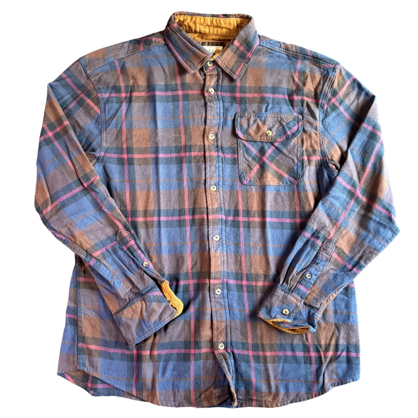 Gioberti Mens 100% Cotton Flannel Shirt Plaid Corduroy Trim Large Blue Brown